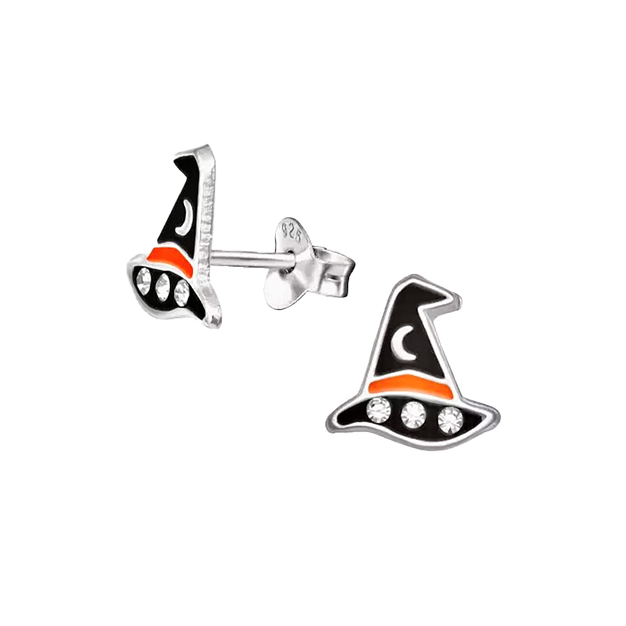 Sterling Silver Halloween Witch Hat Earrings with Crystal Stones