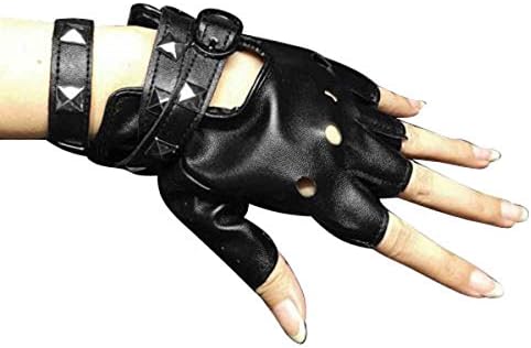 Womens Punk Rock Leather Rivet Studs Biker Driving Fingerless Half Finger Gloves