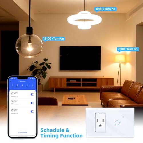 Apagador inteligente tipo 118 con panel de control táctil. Con enchufe estándar americano de tres orificios, con el control por voz de Amazon Alexa y Google Home (un interruptor)