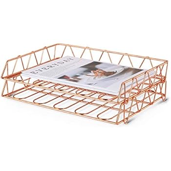 Coastal Colors Rose Gold 2 Tier Stackable Desk Organizer Double Metal Wire Basket Letter Tray Cute Office Cubicle Decor Letter Trays Stacking Supports Office Products Office Supplies