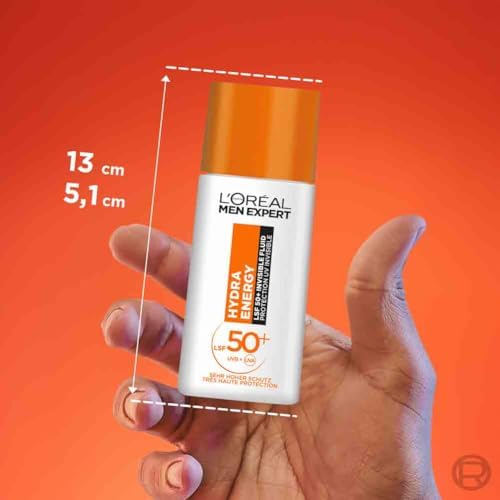 UV Sonnenschutz LSF 50 für Männer, Invisible Fluid für das Gesicht gegen Sonnenstrahlen, Herren Sonnencreme SPF 50+ gegen Hautalterung mit Vitamin C, Hydra Energy, 1 x 50 ml