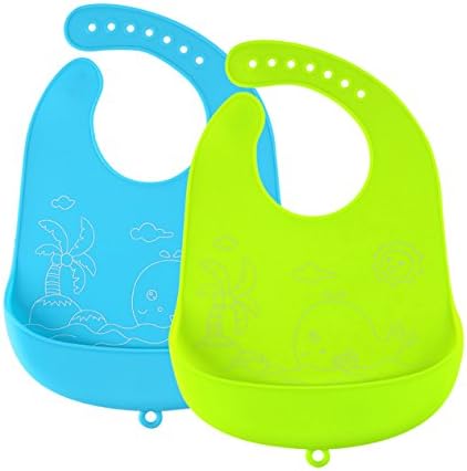 Sheup Baby Waterproof Silicone Bib with Pocket for Toddlers-Ultra Soft Bibs Easy Roll-Up Wipes Clean-2 Pack