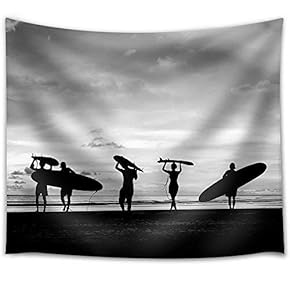 Silhouette of Surfer People Carrying Their Surfboard on Sunset Beach, Black and White Color - Fabric Wall Tapestry Home Decor - 51x60 inches