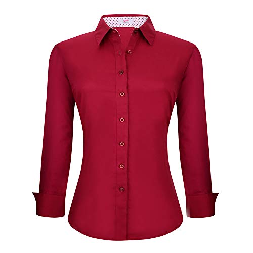 UniFashion Womens Casual Button Down Shirts Long Sleeve Regular Fit Work Shirt,Burgundy, Large