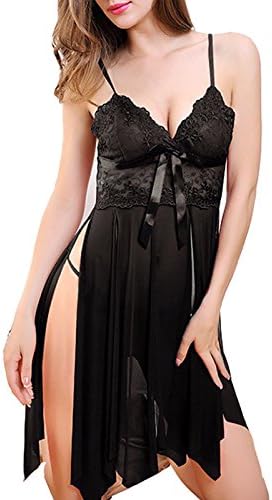 SIQIWO Women's Lingerie Lace Nightwear Shoulder Strap Hollow Sleepwear Babydoll V-string Sexy Underwear (L=( US 12-14 ), A-Black)