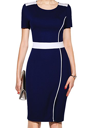 WOOSUNZE Women's Short Sleeve Colorblock Slim Bodycon Business Pencil Dress