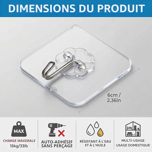 WOVU 10 Pcs Clear Adhesive Hooks No Drilling Strong 15kg Max Waterproof Water/Oil Waterproof Bathroom Kitchen Towel Coat Keys Multipurpose