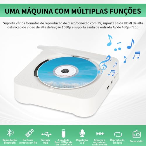 100-220V, Leitor de CD/DVD Multifuncional, CD Player Portatil, Suporta Saída HDMI HD 1080P, DVD Player HDMI, Alto-Falantes Integrados