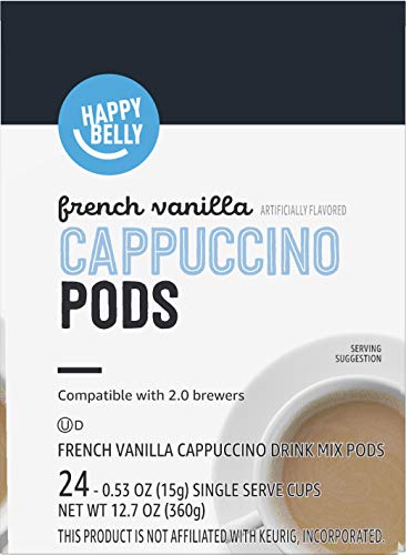 AMAZON BRAND – HAPPY BELLY CAPPUCCINO COFFEE PODS LIGHT ROAST COMPATIBLE WITH 2.0 K-CUP BREWERS, FRENCH VANILLA FLAVORED, 24 COUNT, 1.5 POUND (PACK OF 1)