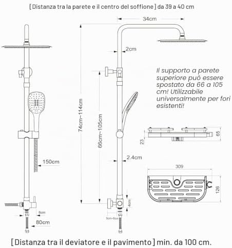Colonna Doccia senza Miscelatore, Colonna Doccia Acciaio Inox con Saliscendi Doccia Altezza Regolabile 74-114cm, Set Doccia a Pioggia con Doccetta e Mensola, Soffione D20cm, Nero