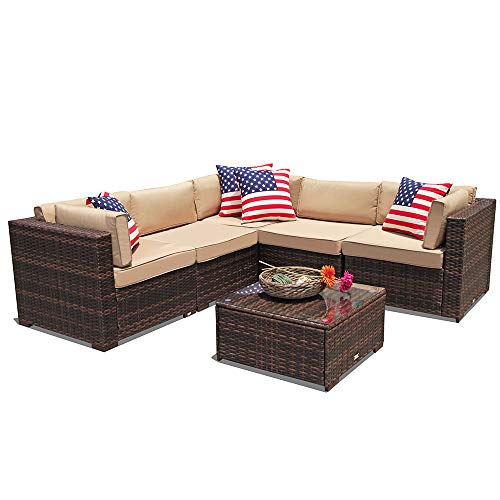 PATIOROMA Outdoor Furniture Sectional Sofa Set (6-Piece Set) All-Weather Brown PE Wicker with Beige Seat Cushions &Glass Coffee Table| Patio, Backyard, Pool| Steel Frame PATIOROMA Outdoor Furniture Sectional Sofa Set (6-Piece Set) All-Weather Brown PE Wicker with Beige Seat Cushions &Glass Coffee Table| Patio, Backyard, Pool| Steel Frame
