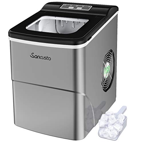 Sancusto Ice Maker Machine, Countertop Ice Maker, Ice Cubes Ready in 7-8 Minutes, Makes 26 Lbs Ice per 24 Hours, Portable Ice Making Machine with Ice Scoop, Ice Bucket and 2 Litre Water Tank, Silver
