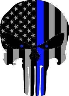 Subdued US Flag Punisher Skull Reflective Decal with Thin Blue Line and Blue Eyes (8"x5.75)