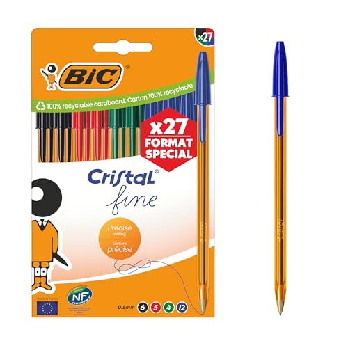 BIC Cristal Original Ball Pens Fine Point (0.8 mm) - Assorted Colours, Orange Barrel, Box of 27