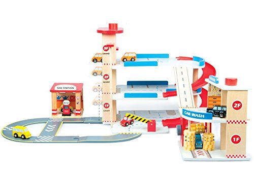 Wooden toy car garage playset for toddlers w car wash &…