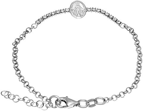 Italian Sterling Silver Fancy Virgin Mary Clear CZ Bracelet with Chain Length of 7", Bracelet Extension of 1" and Lobster Claw Clasp Closure