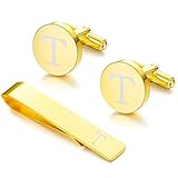 LOYALLOOK Gold Initial Cufflinks and Tie Clip Set