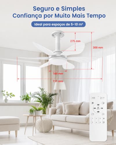 Ventilador de Teto com Luz 28", Instalação Fácil, 6 Pás para Forte Ventilação, Motor DC Reversível, Controle Remoto e Luz Regulável
