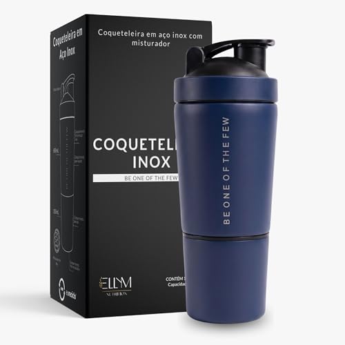 Coqueteleira Aço Inox 600ml com Compartimento Inferior ELLYM NUTRITION Misturador Ideal Shakes (Azul)