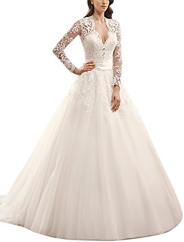 ASBridal Long Sleeves Deep V Neck Appliques Lace Long Wedding Dresses Ivory US 20W