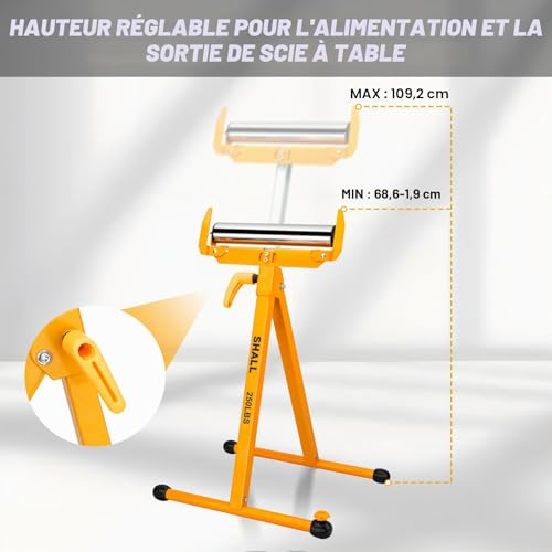 Shall Lot de 2 supports à rouleaux pliants – Capacité de charge de 113,4 kg – Hauteur réglable de 70 à 109 cm – Pour sciage à table – Travail du bois Servante à Rouleau