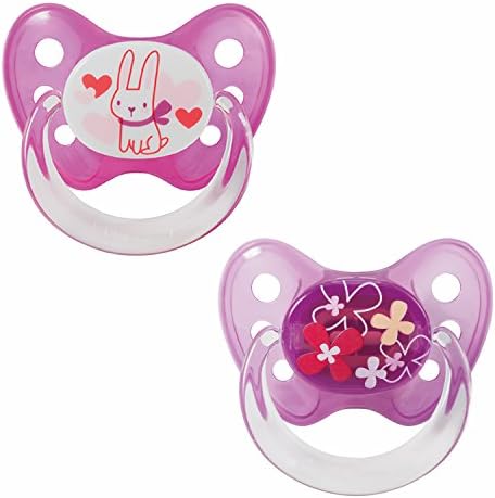 Dentistar® Orthodontic Silicone Dummy, Toothfriendly for Baby, 2 Soothers with Travel Cover Each, Size 2 for Newborn Babies, 6-14 Months, Until The First Back Teeth | Bunny + Flowers