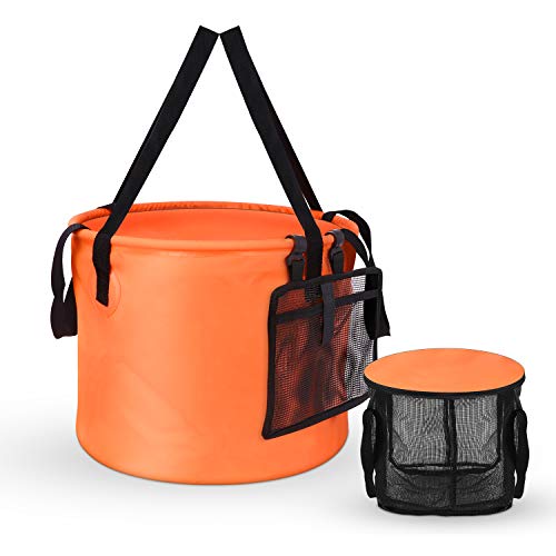 [2019 Latest Version] Collapsible Bucket Compact 8 Gallon Portable Folding Water Container  Wash Basin with Washing Mesh Basket for Traveling Hiking Fishing Boating Gardening Camping
