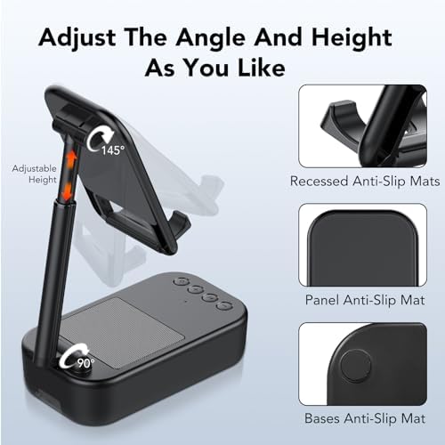Coluna Bluetooth sem fios com suporte móvel, som antiderrapante e HD surround, coluna portátil e suporte móvel ajustável para telemóvel/almofada