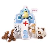 Plush Animal Hospital House with Animals - Five (5) Stuffed Injured Animals (Bear, Dalmatian, Cat, Bird, Moose) in Play Hospital Carrying Case