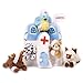Plush Animal Hospital House with Animals - Five (5) Stuffed Injured Animals (Bear, Dalmatian, Cat, Bird, Moose) in Play Hospital Carrying Case