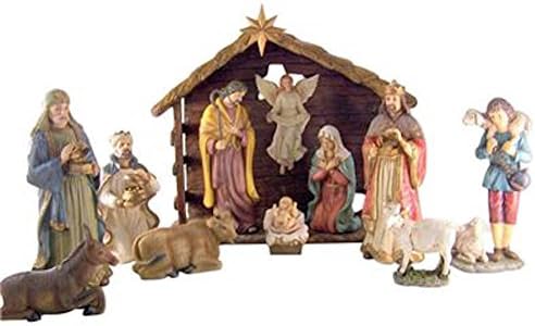 Holy Family With Gloria Angel In Barn Deluxe 12 Piece Painted Resin Nativity Set