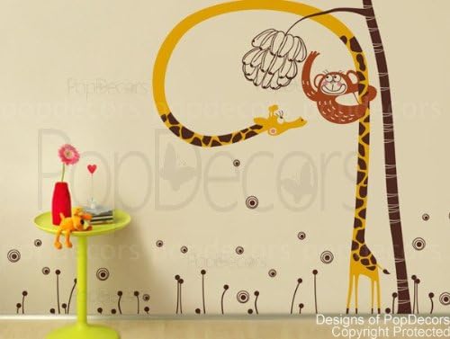 PopDecors - Cute monkey catches banana (79" H) - Custom Beautiful Tree Wall Decals for Kids Rooms Teen Girls Boys Wallpaper Murals Sticker Wall Stickers Nursery Decor Nursery Decals