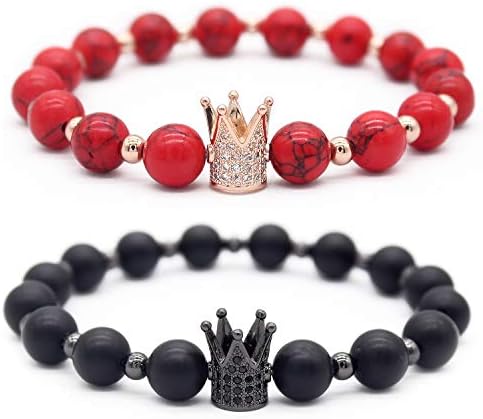 8mm Black Labradorite & White Howlite CZ Her King/His Queen 8mm Beads Couple Bracelet, 7.6"+7.2"
