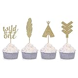 Giuffi 24 CT Tribal Boho Cupcake Toppers Wild One Arrow Feather Teepee First Birthday Party Decors (Gold)