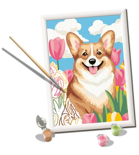 Ravensburger CreArt Floral Corgi Paint‑by‑Number Kit - Complete Set with Brushe…