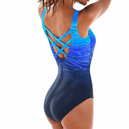 Snowfoller Womens Swimming Costume Geometric Lines Printed Padded Gradient Color Swimsuit Monokini Push Up One-Piece Bikini (XL, Blue) - Thumbnail 4