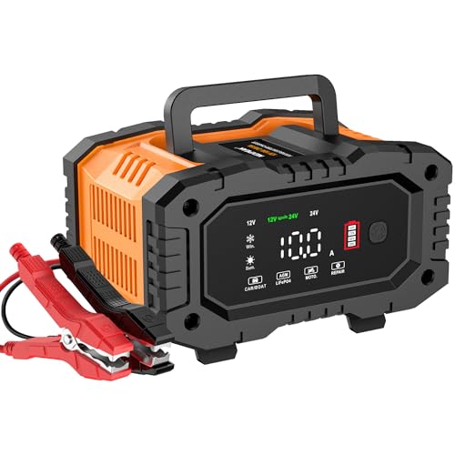 LiFePO4 12 V 24 V Intelligent Battery Charger 10 A Automatic Battery Maintainer with Temperature Compensation for Car Motorcycle Truck, AGM, Gel, Wet, SLA