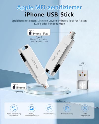 [Without App] USB Stick 512 GB for iPhone MFi Certified, Lncnnk 3 in 1 Flash Drive, Lightning USB 3.0 Memory Stick Photo Stick, USB C Stick for iPhone/iPad/OTG Android Mobile Phone/Mac/PC, Silver