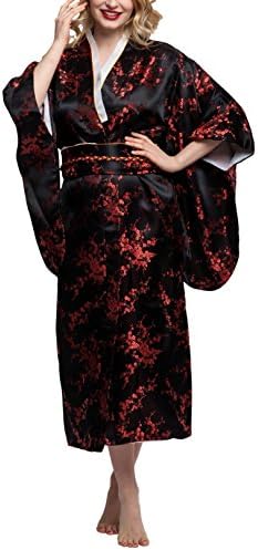 Kimono Palace Women's Silk Japanese Traditional Brocade Kimono Robe Floral Bathrobe Satin Party Robe Long