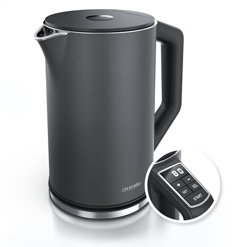 Arendo - Edelstahl Wasserkocher mit Temperatureinstellung 40-100 Grad in 5er Schritten - Doppelwand Design - Modell ELEGANT - 1,5 Liter - 2200 W - Tee