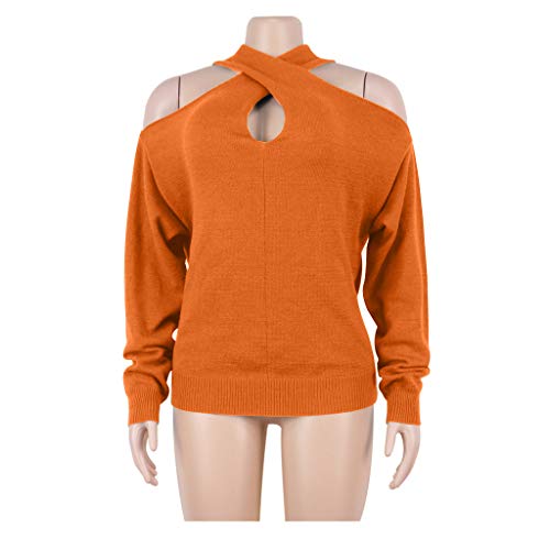 Aunimeify Fashion Women's Solid Halterneck Off Shoulder Long Sleeves Sweater Blouse Tops Orange