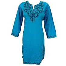 Mogul Women's Blue Tunic Dress Kurta Neck Embroidery Cotton Long Kurti M