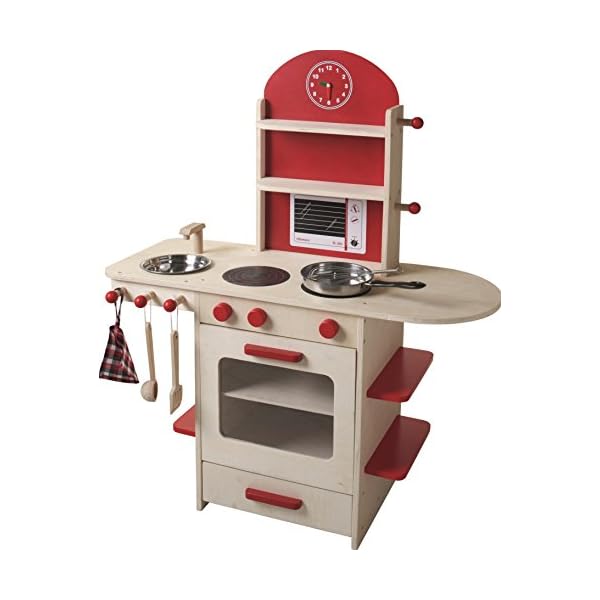 roba Spielküche, Holzküche natur, rot, Kinderspielküche mit Herd, Spüle, Wasserhahn & Regal – Bild 3