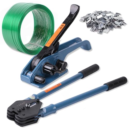 Strapping Tool Kit 4-in-1 PET/PP Handy Baler Packing Strap Tensioner, Heavy Duty Manual Pallet Packaging Strapping Banding Cutter with Tensioner Sealer, 250M Belt, 100 Metal Seals for Hose Clamp Cable