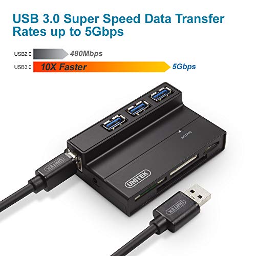 image for Flash Memory Card Reader, UNITEK 3-Port USB 3.0 USB Hub SD MS CF TF M2