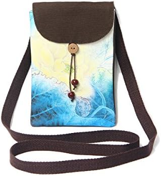 CreativeStorage Small Chinese Vintage Style Handmade Canvas Imprinting Yellow Lotus with Blue Leaf Cross Body Purse Bag