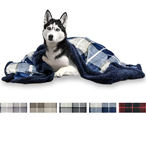 PetAmi Deluxe Dog Blanket for Large Dogs | Sherpa Fleece Pet Throw Blanket for Couch Sofa Bed | Soft Durable Reversible Furniture Protector for Medium Dog Cat Puppy – 60×40 Plaid Navy