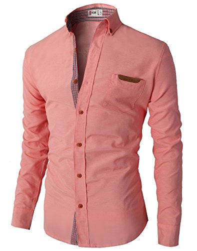 H2H Mens Casual Slim Fit Oxford Button Down Thin Shirt With Inner Check Trim