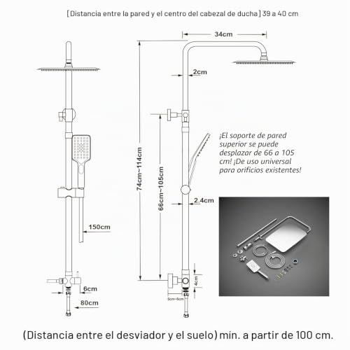 JOHO Stainless Steel Shower Column without Thermostat, Shower Set with Adjustable Height Bar with Hand Shower Head and Rain Spray Head 35 x 25 cm, Chrome