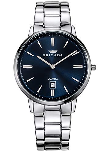 BRIGADA Swiss Brand Men's Dress Watch for Mature Men, Nice Business Casual Blue Silver Men Metal Watch Waterproof